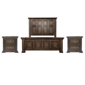 Pemberly Row Set of 3 Brown King Panel Bed & Nightstands with Charging Station
