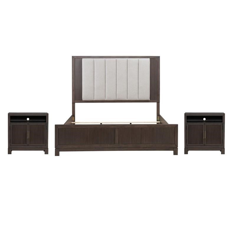 Pemberly Row Set of 3 Queen Upholstered Bed & Chests with Charging Station