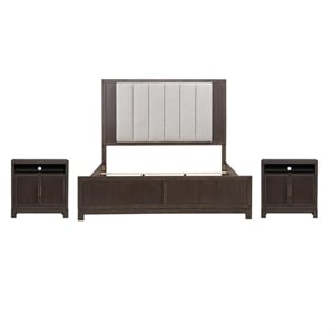 Pemberly Row Set of 3 Queen Upholstered Bed & Chests with Charging Station