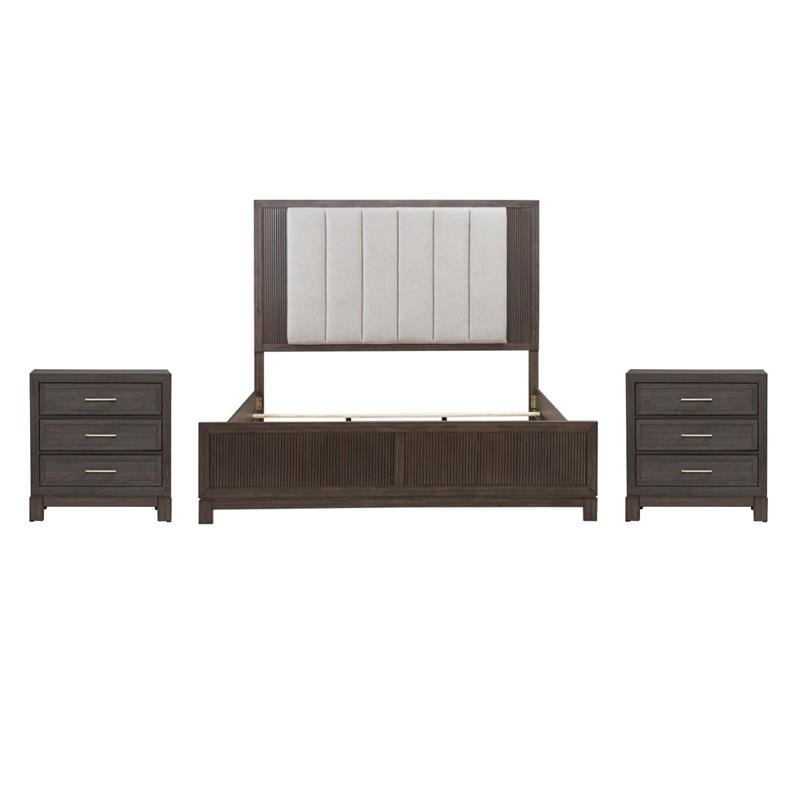 Pemberly Row Set of 3 Queen Upholstered Bed & Nightstands with Charging Station