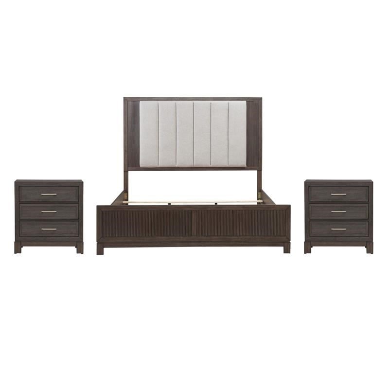 Pemberly Row Set of 3 King Upholstered Bed & Nightstands with Charging Station