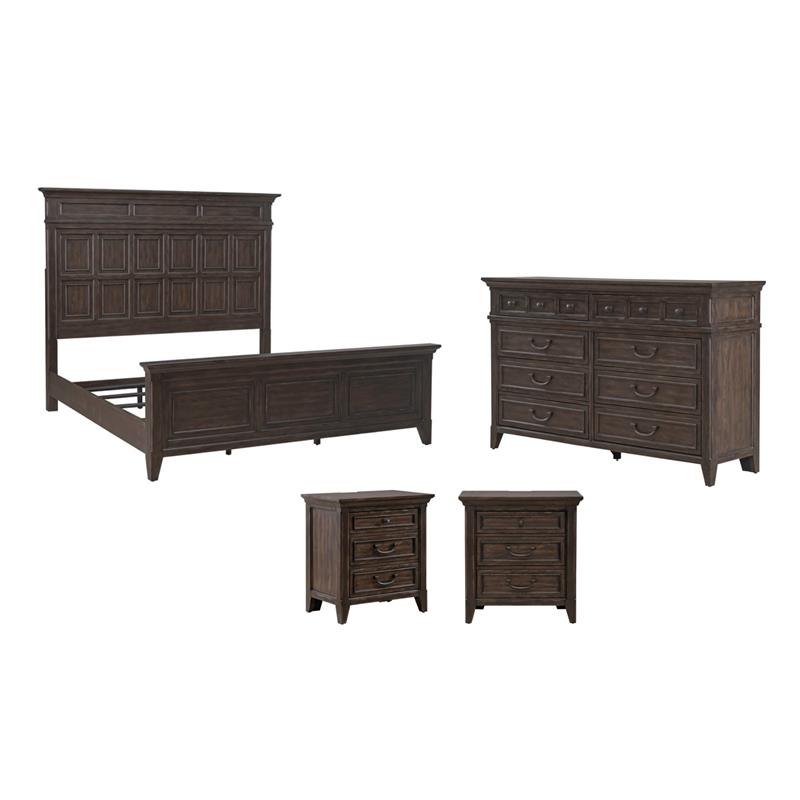 Pemberly Row Set of 4 King Panel Bed & Dresser & Nightstands w/ Charging Station
