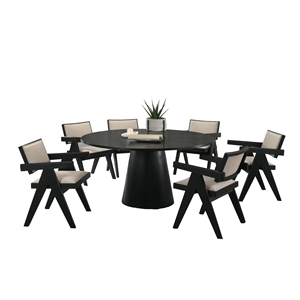 Pemberly Row 7-PC Ebony Black Wood 59&quotW Round Dining Set with Pedestal Base