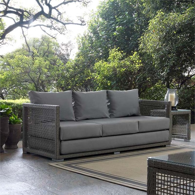 Pemberly Row Modern Rattan & Fabric Outdoor Patio Sofa in Gray