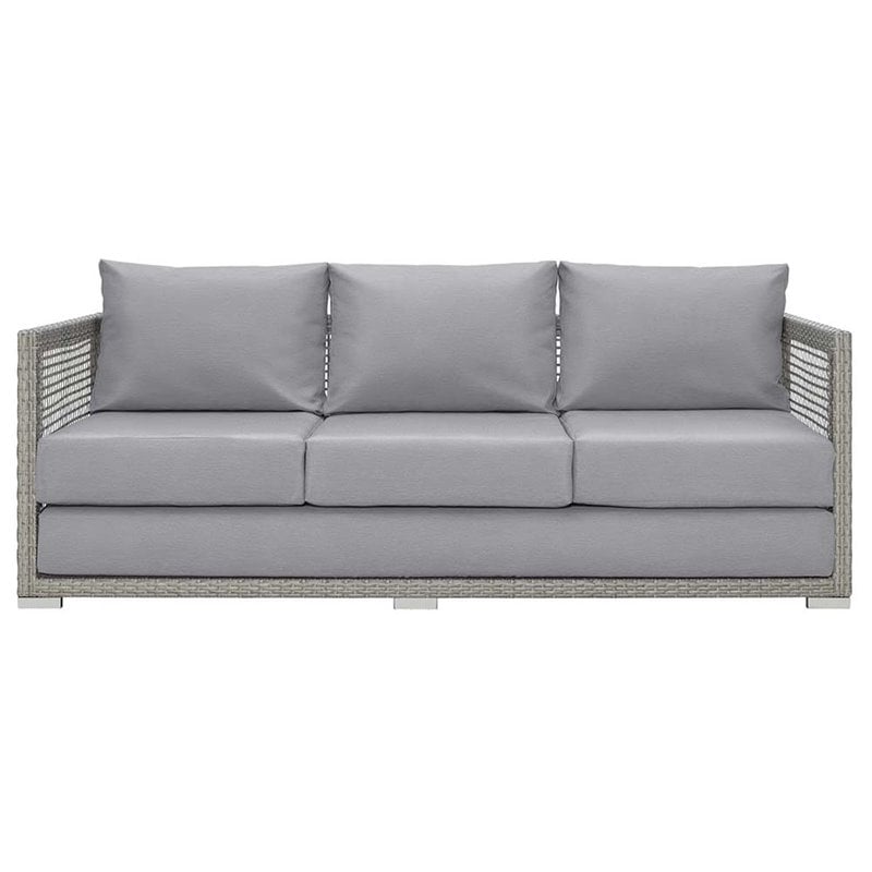 Pemberly Row Modern Rattan & Fabric Outdoor Patio Sofa in Gray