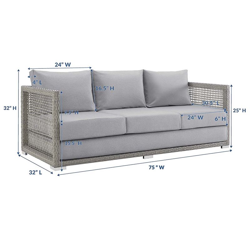 Pemberly Row Modern Rattan & Fabric Outdoor Patio Sofa in Gray