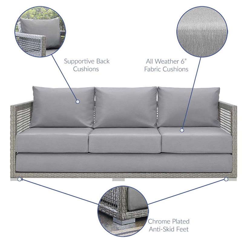 Pemberly Row Modern Rattan & Fabric Outdoor Patio Sofa in Gray