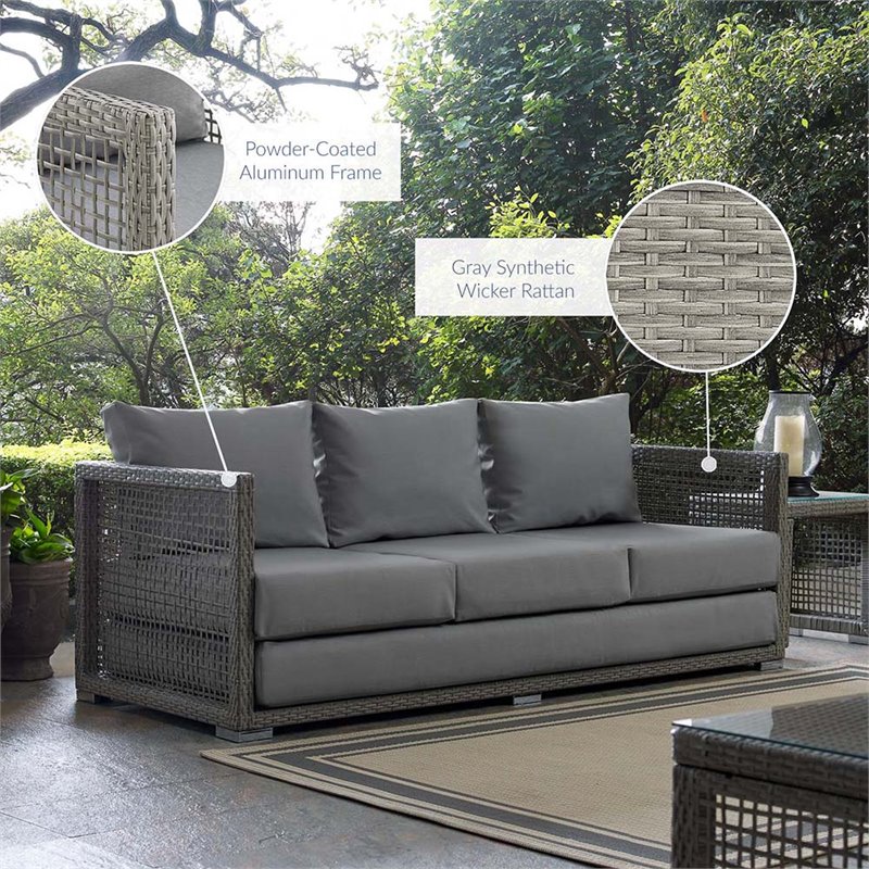 Pemberly Row Modern Rattan & Fabric Outdoor Patio Sofa in Gray
