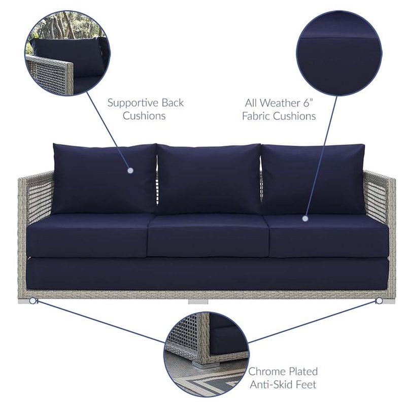 Pemberly Row Modern Rattan & Fabric Outdoor Patio Sofa in Gray and Navy