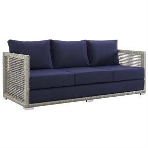 Pemberly Row Modern Rattan & Fabric Outdoor Patio Sofa in Gray and Navy
