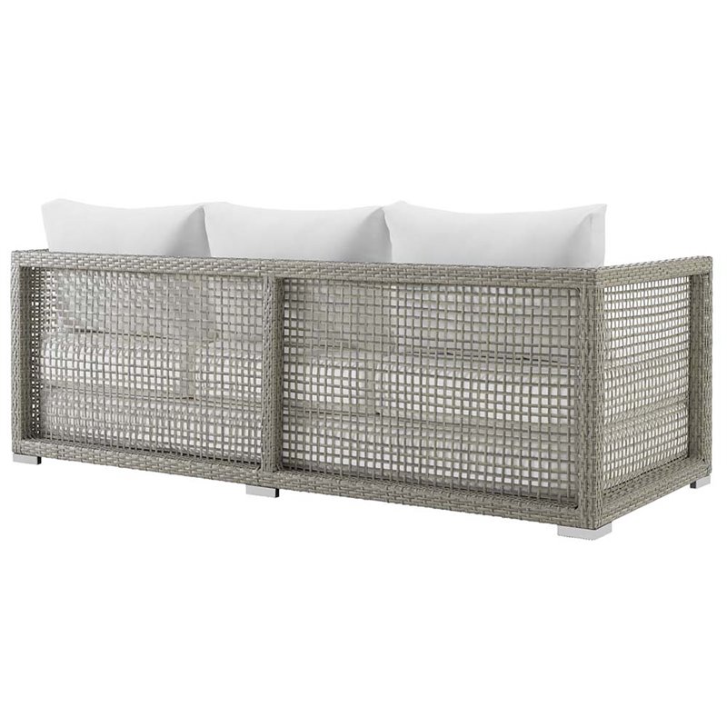 Pemberly Row Modern Rattan & Fabric Outdoor Patio Sofa in Gray and White