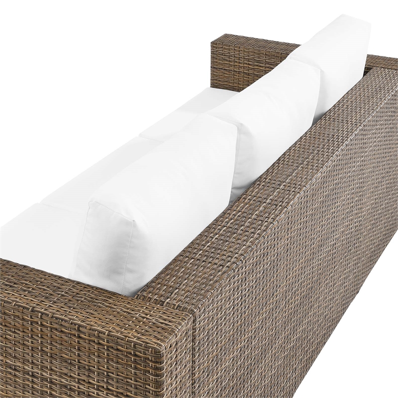 Pemberly Row Outdoor Synthetic Rattan Sofa in Cappuccino and White