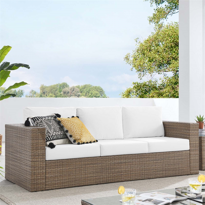 Pemberly Row Outdoor Synthetic Rattan Sofa in Cappuccino and White