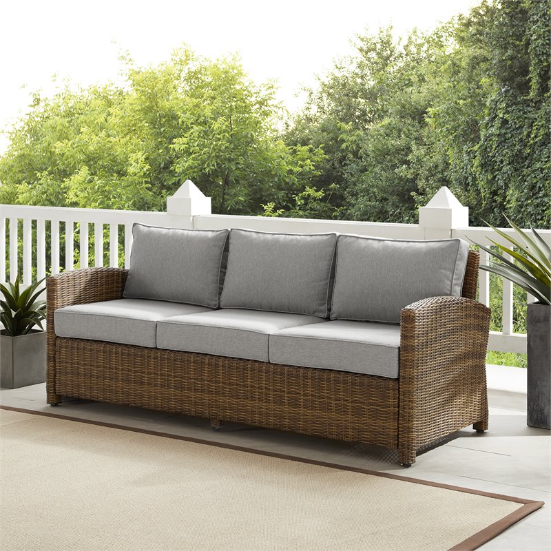 Pemberly Row Fabric & Wicker / Rattan Outdoor Sofa in Gray/Brown