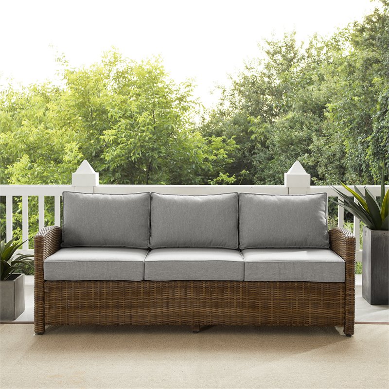 Pemberly Row Fabric & Wicker / Rattan Outdoor Sofa in Gray/Brown