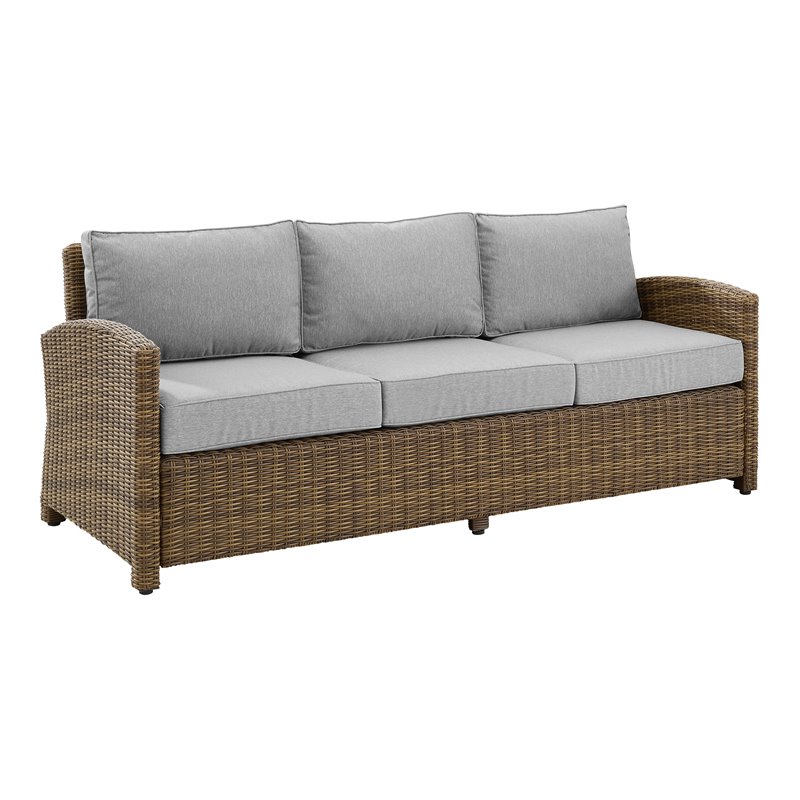Pemberly Row Fabric & Wicker / Rattan Outdoor Sofa in Gray/Brown