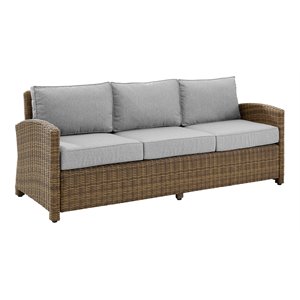 Pemberly Row Fabric & Wicker / Rattan Outdoor Sofa in Gray/Brown