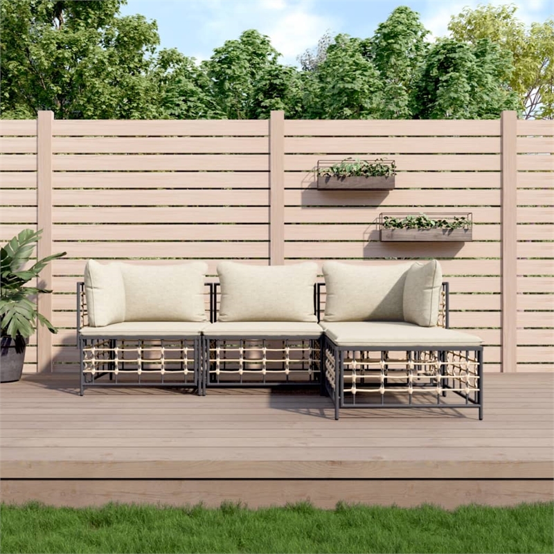 Pemberly Row Rattan Powder-Coated Steel & Fabric Garden Lounge Set in Anthracite