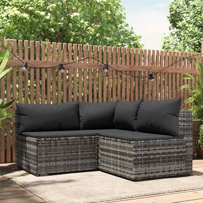 Pemberly Row Poly Rattan 3 Piece Patio Lounge Set With Cushions Gray