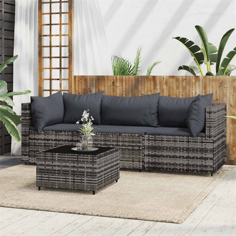 Pemberly Row Rattan Powder-Coated Steel & Tempered Glass Patio Lounge Set - Gray