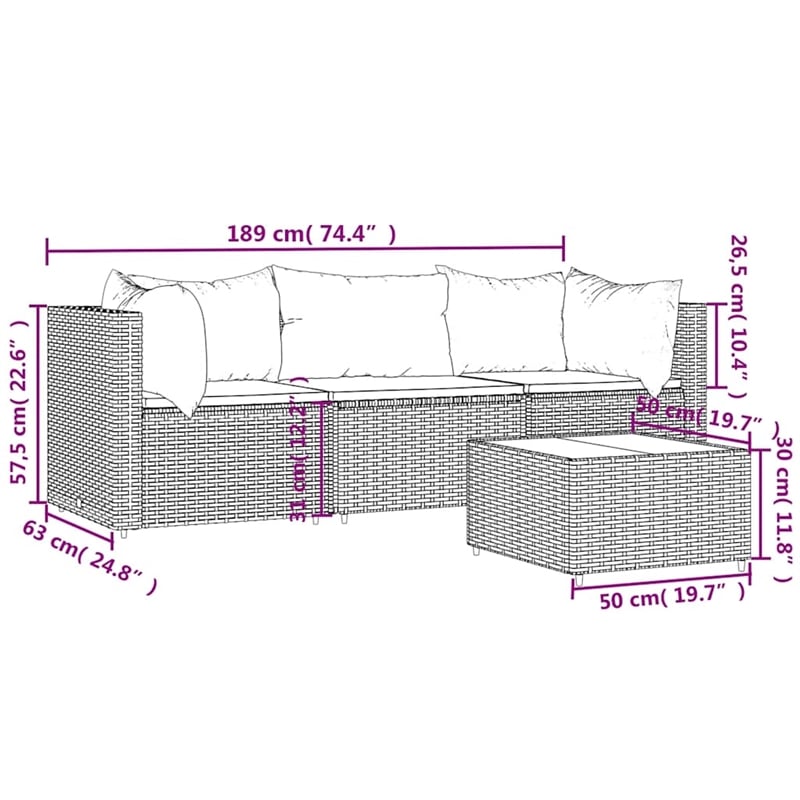 Pemberly Row Rattan Powder-Coated Steel & Tempered Glass Patio Lounge Set - Gray