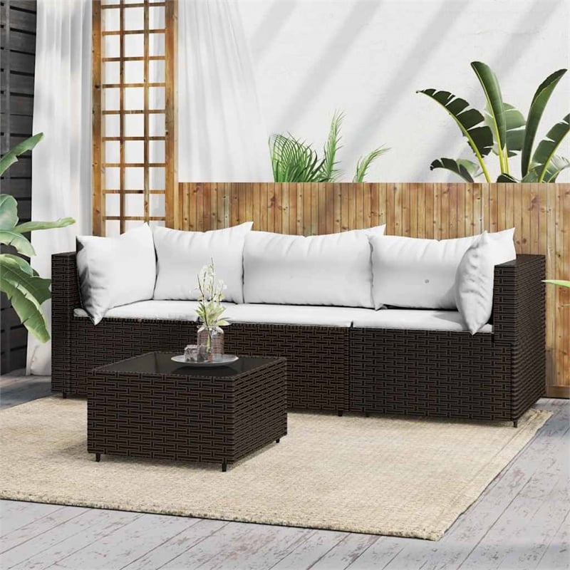 Pemberly Row Synthetic Poly Rattan Patio Lounge Set Brown & Cream