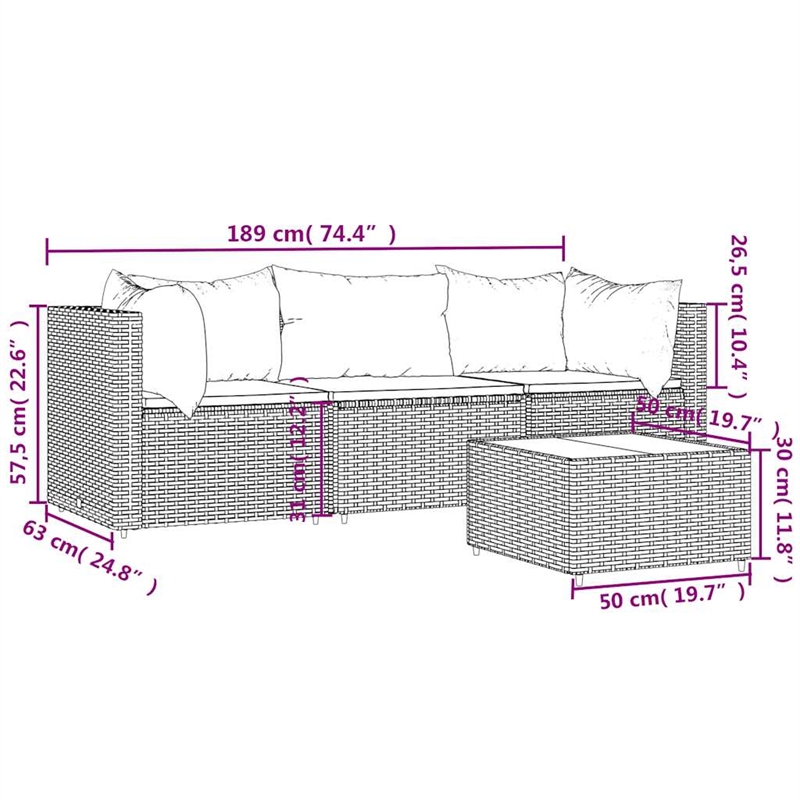 Pemberly Row Synthetic Poly Rattan Patio Lounge Set Brown & Cream