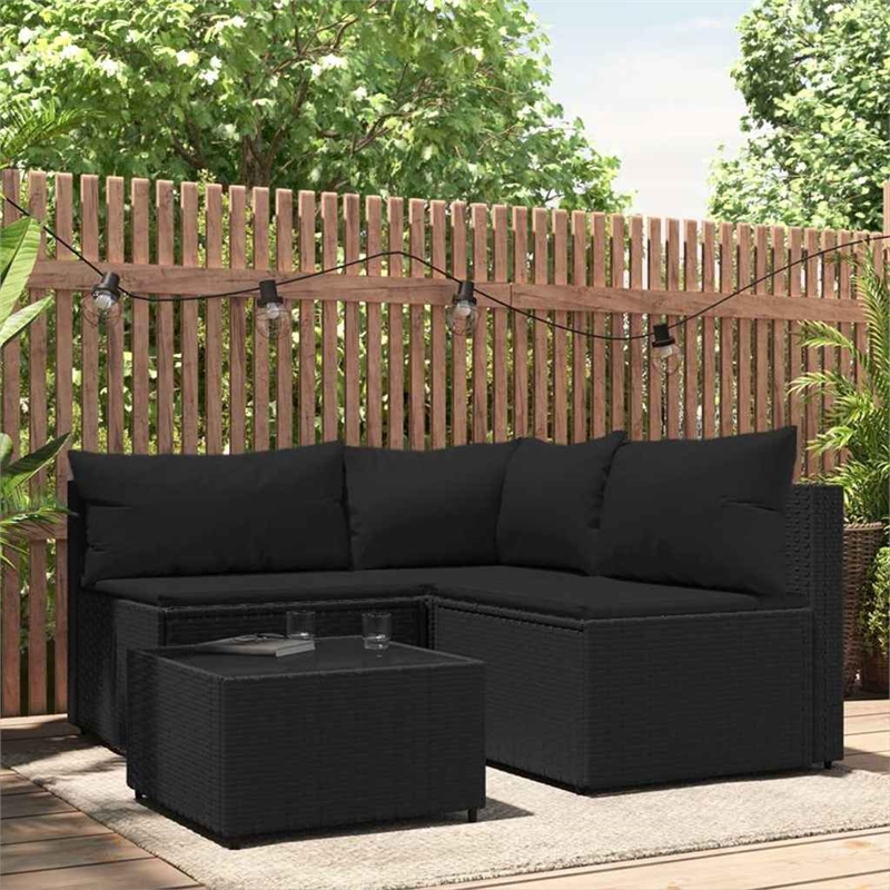 Pemberly Row PE Rattan Adjustable Feet Patio Lounge Set in Black
