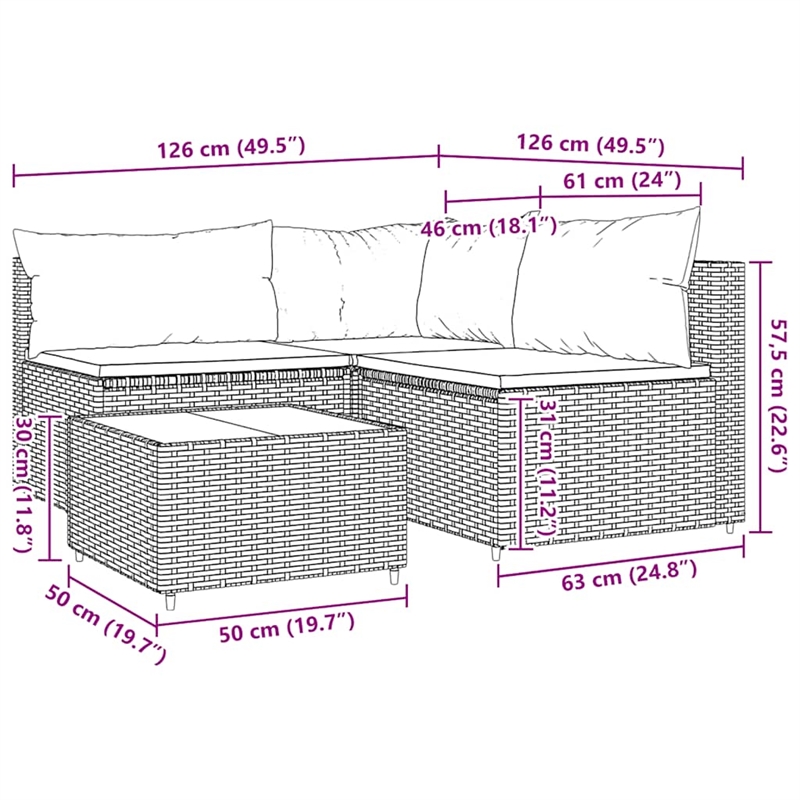 Pemberly Row PE Rattan Adjustable Feet Patio Lounge Set in Black