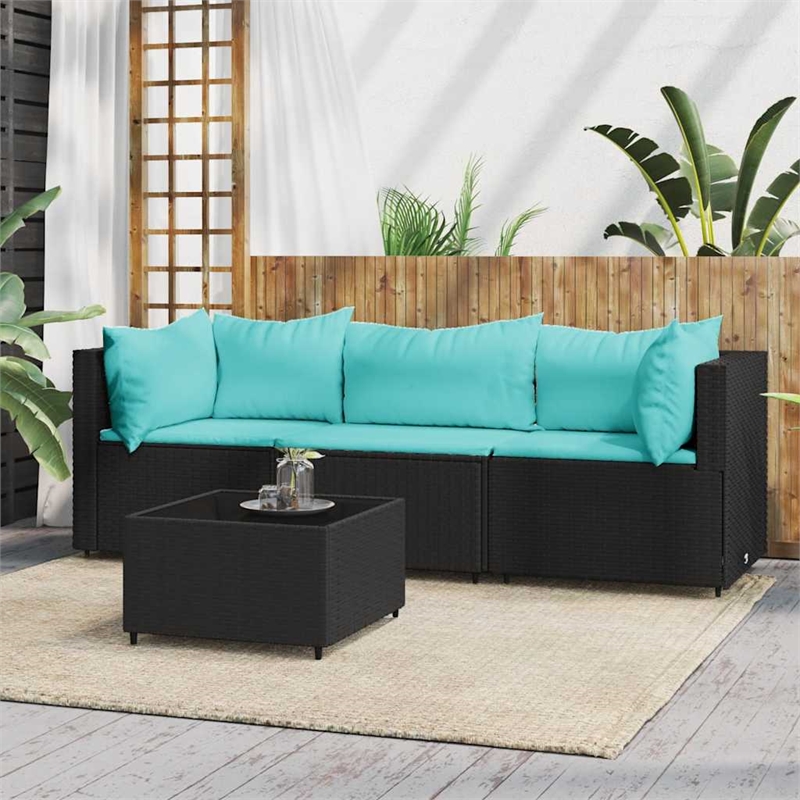 Pemberly Row Rattan Powder-Coated Steel & Tempered Glass Black Patio Lounge Set