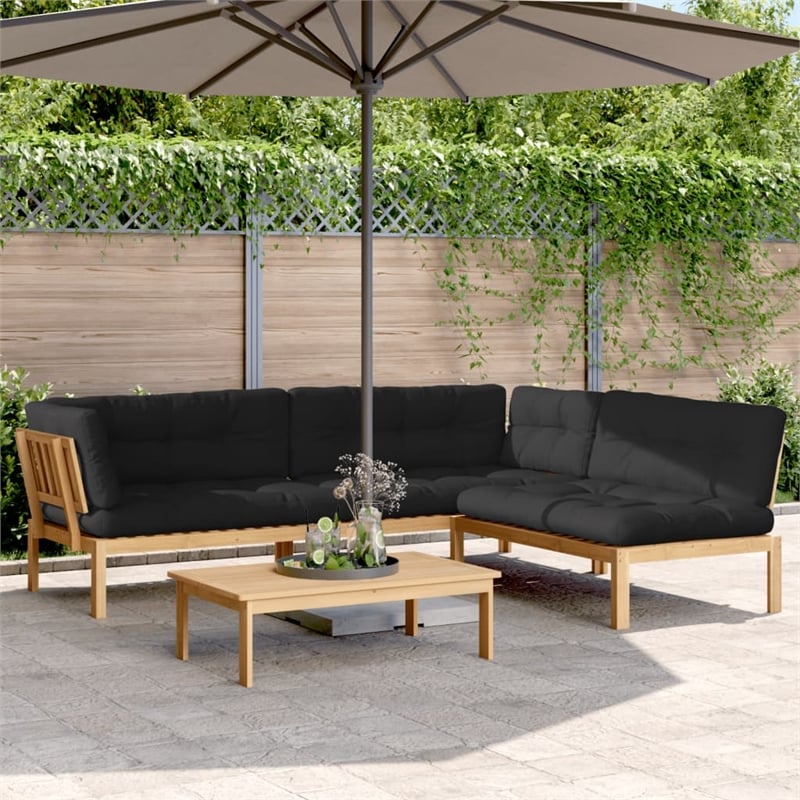 Pemberly Row Pallet Sofa Set Acacia Wood With Black Cushions