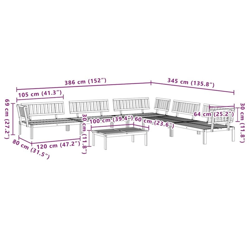Pemberly Row Solid Acacia Wood Large Modular Pallet Sofa Set in Natural Wood
