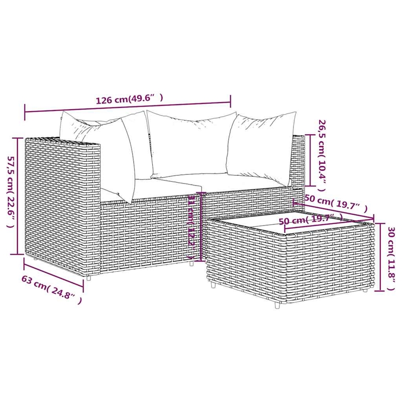 Pemberly Row Synthetic Poly Rattan Patio Lounge Set in Powder-coated Gray