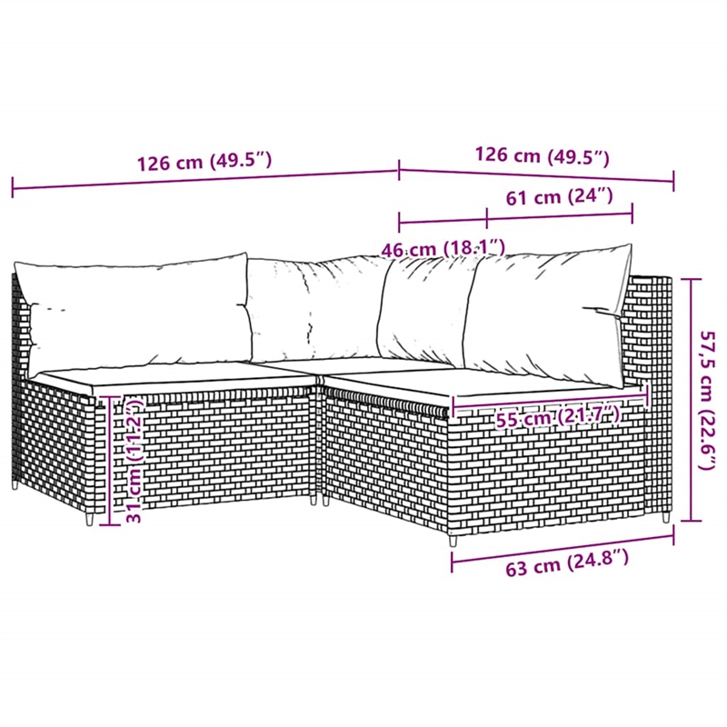 Pemberly Row PE Rattan Standard Modular Patio Lounge Set Gray