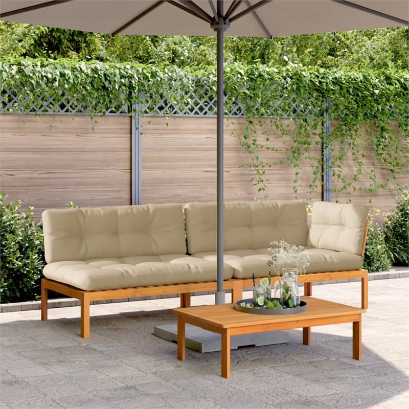 Pemberly Row Acacia Wood Medium Pallet Sofa Set Set of 3 With Beige Cushions