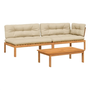 Pemberly Row Acacia Wood Medium Pallet Sofa Set Set of 3 With Beige Cushions