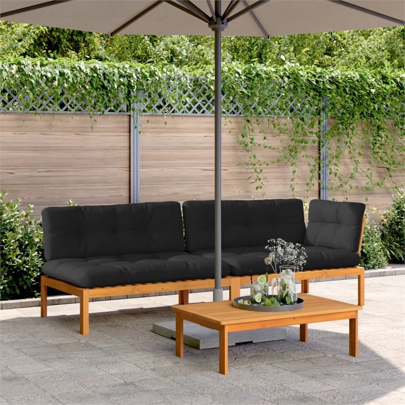 Pemberly Row Solid Acacia Wood Pallet Sofa Set With Black Cushions