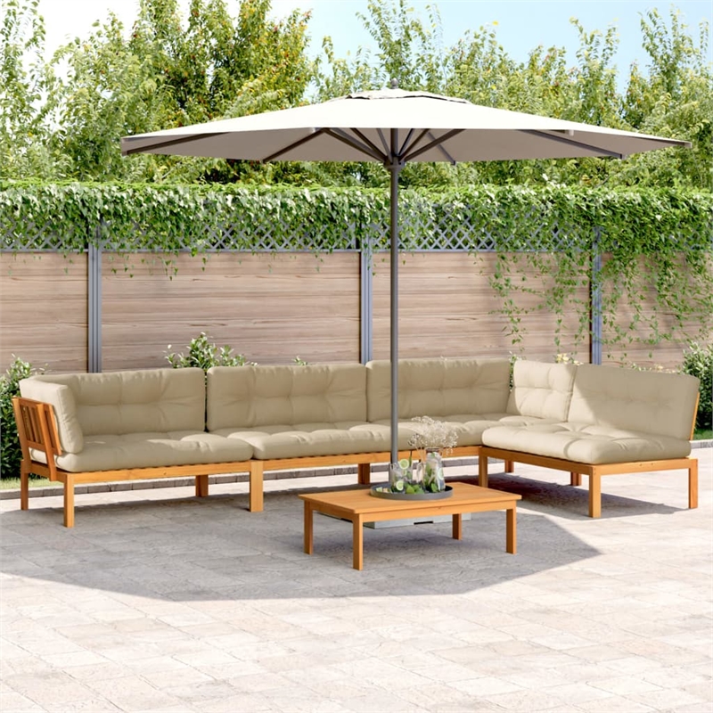 Pemberly Row Patio Pallet Sofa Set in Natural Wood With Beige Cushions