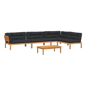 Pemberly Row 5 PC Acacia Wood Patio Sofa Set in Natural Acacia w/ Black Cushions
