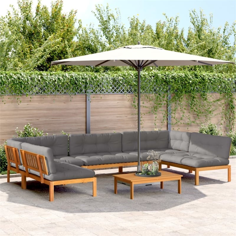 Pemberly Row Acacia Wood Large Pallet Sofa Set in Natural Wood w/ Gray Cushions