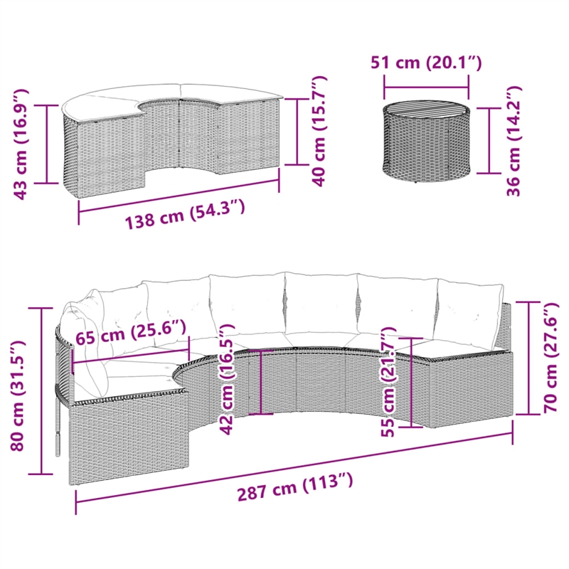 Pemberly Row 3 Piece Half-Round Poly Rattan Patio Sofa Set in Black