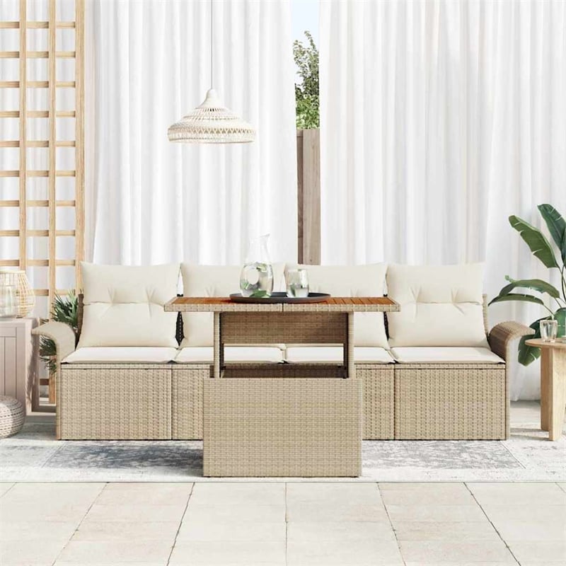 Pemberly Row 5 Piece Poly Rattan Garden Sofa Set With Cushions in Beige & Cream