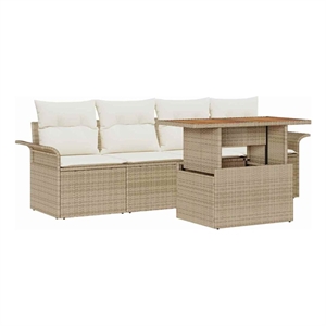Pemberly Row 5 Piece Poly Rattan Garden Sofa Set With Cushions in Beige & Cream