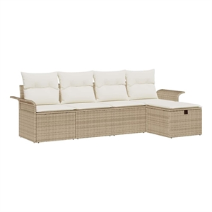 Pemberly Row 5 Pcs Beige & Cream Poly Rattan Garden Sofa Set With Cushions