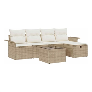 Pemberly Row 6 Pcs Beige & Cream Poly Rattan Garden Sofa Set With Cushions