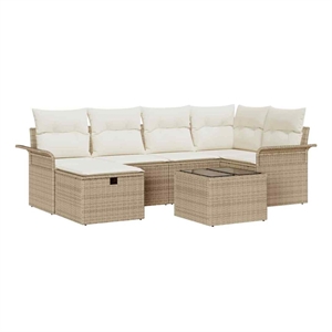Pemberly Row 7 Pcs Beige & Cream Poly Rattan Garden Sofa Set With Cushions