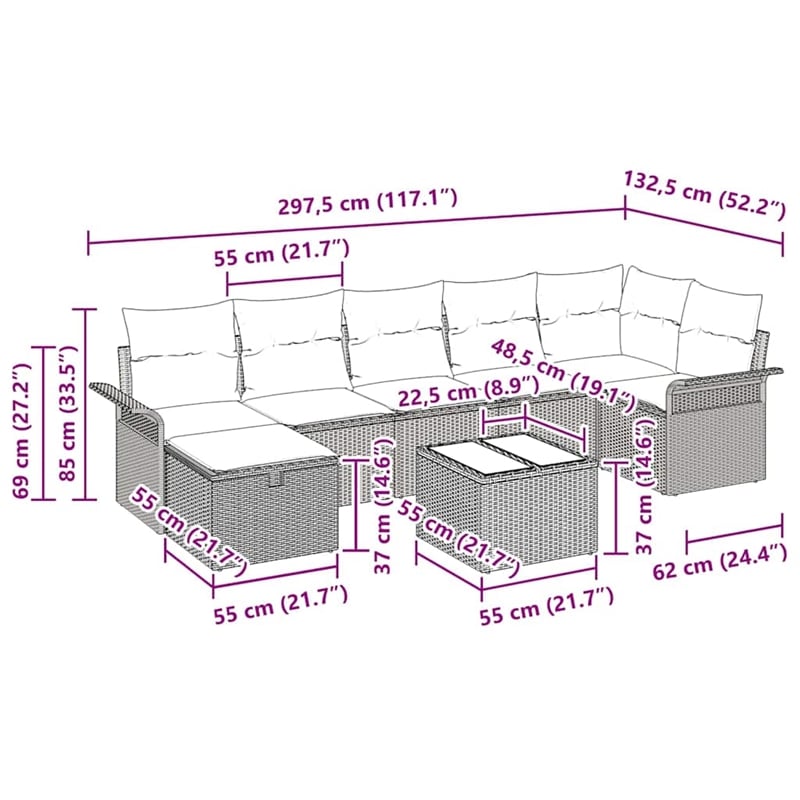 Pemberly Row 8 Pcs Beige & Cream Poly Rattan Garden Sofa Set With Cushions