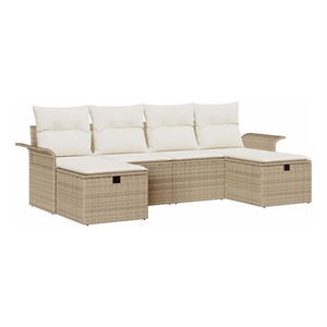 Pemberly Row 6 Pcs Beige & Cream Poly Rattan Garden Sofa Set With Cushions