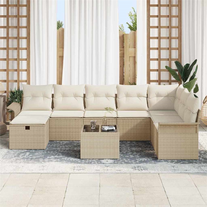Pemberly Row 9 Pcs Beige & Cream Poly Rattan Garden Sofa Set With Cushions