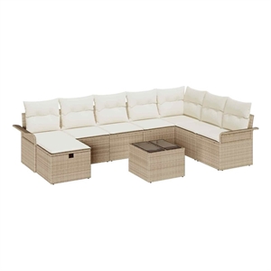 Pemberly Row 9 Pcs Beige & Cream Poly Rattan Garden Sofa Set With Cushions